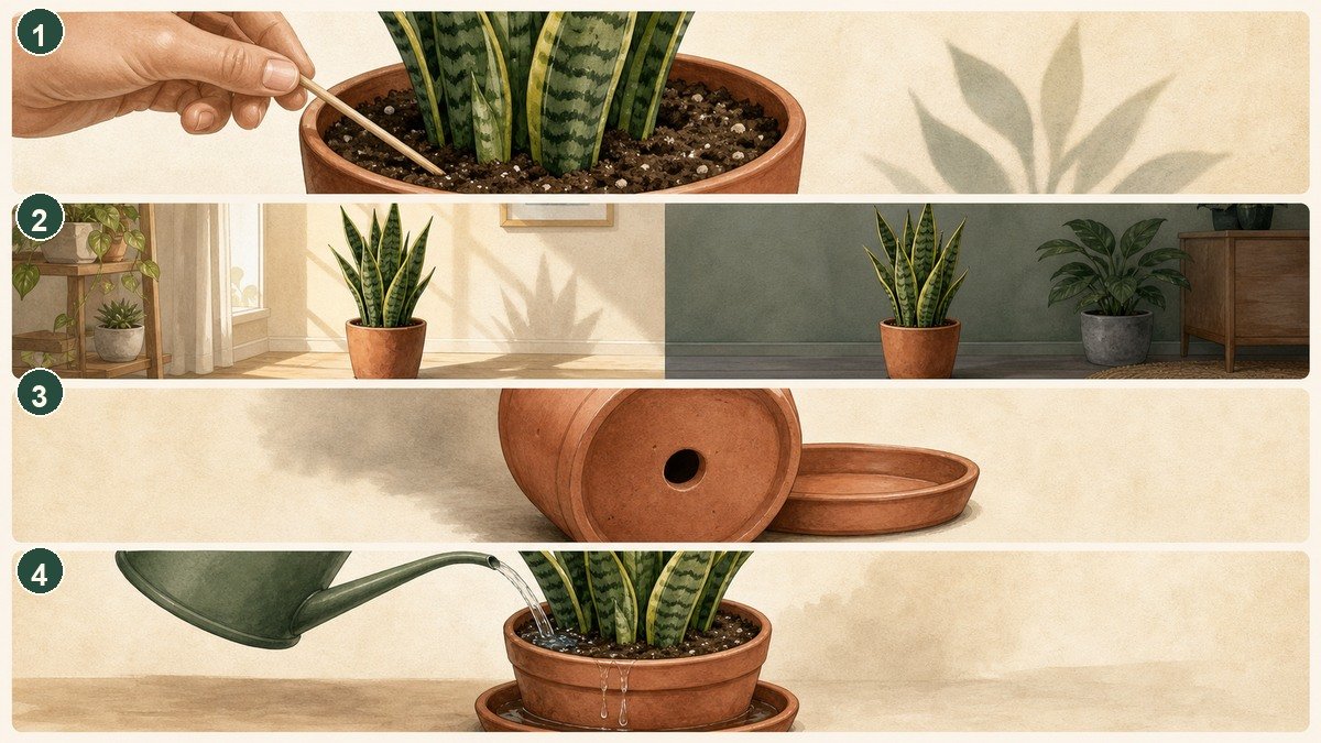 Four-step visual guide to watering a snake plant: check moisture below the surface, consider the room conditions, confirm drainage, then water and let excess drain