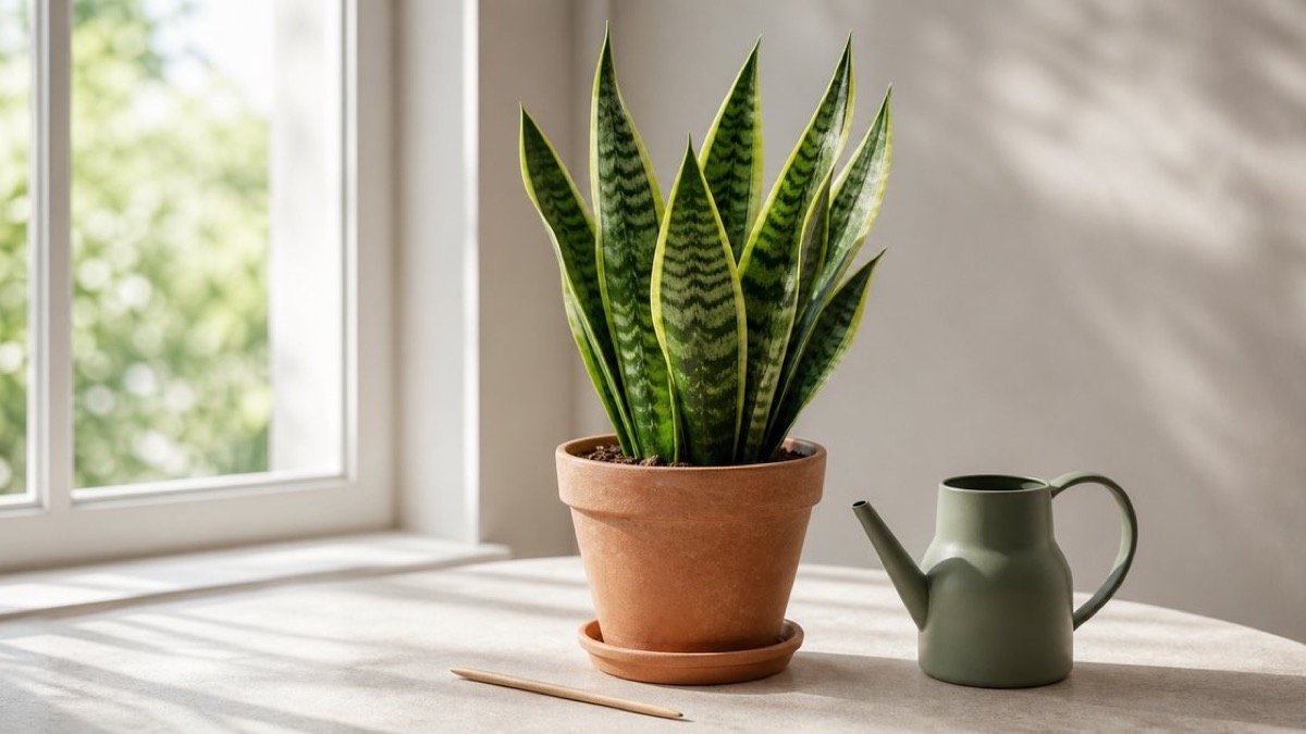 A snake plant beside a watering can and wooden soil-check skewer
