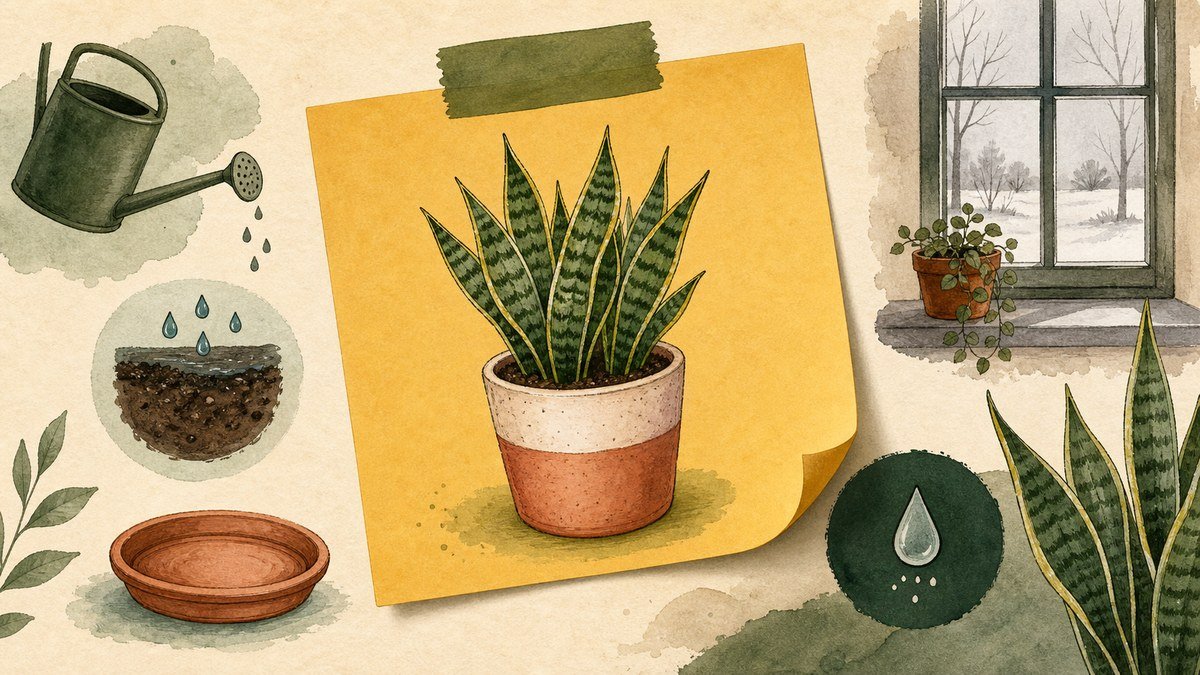Hand-drawn watering reminder showing a snake plant, a dim winter window, damp soil, a watering can, and a drainage saucer