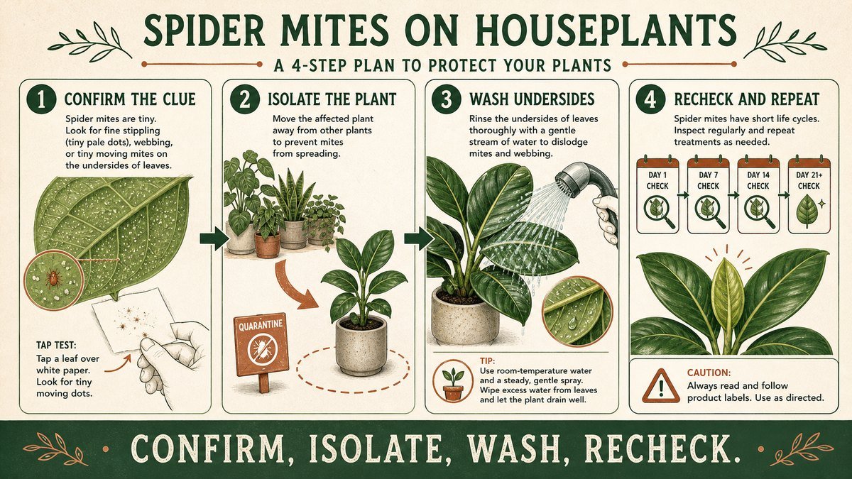 Four-step visual guide to spider mite control on houseplants: confirm the clue, isolate the plant, wash leaf undersides, and recheck