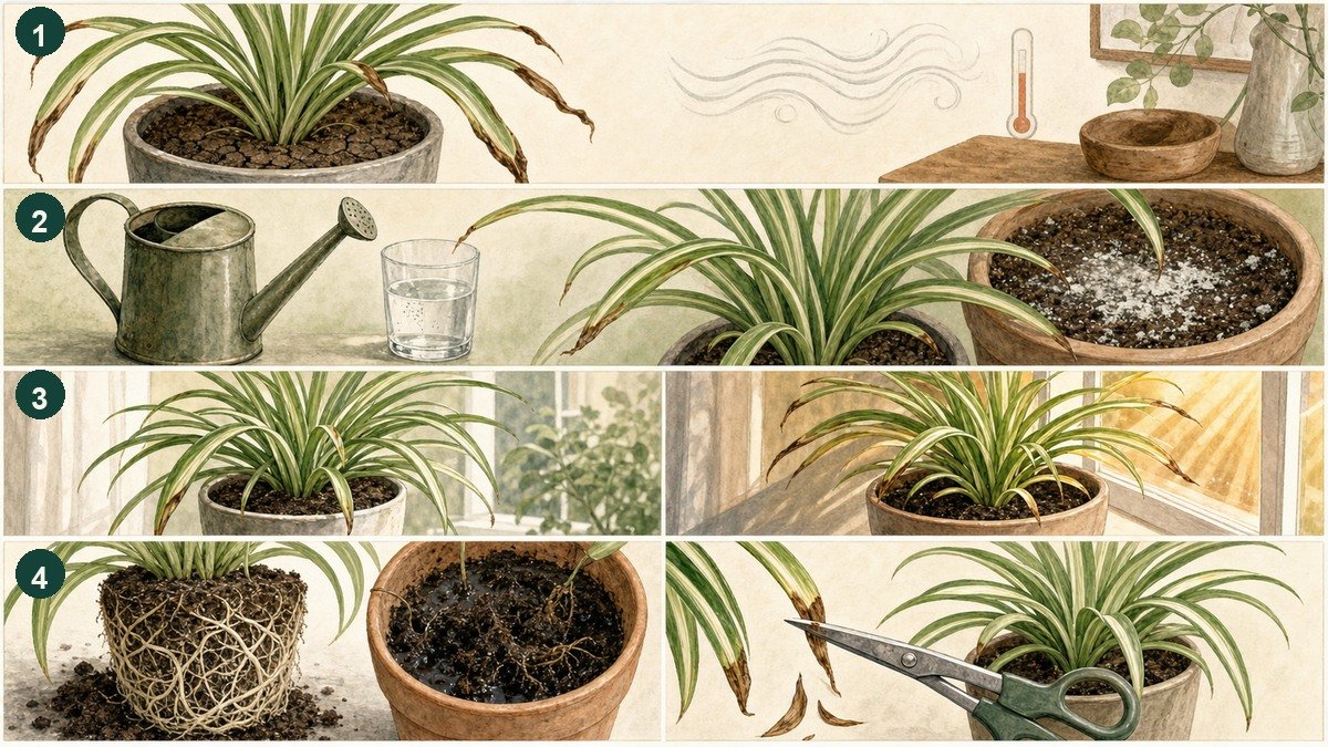 Four-step visual guide for spider plant brown tips: check dry soil and air, review tap water and salts, compare indirect light with harsh sun, and inspect roots before trimming