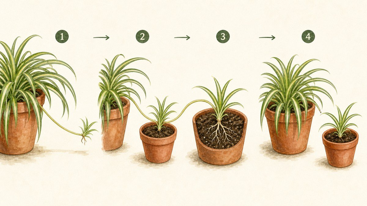 Four illustrated steps for propagating a spider plant from a plantlet: leave it attached, root it in moist mix, allow roots to develop, and pot it separately