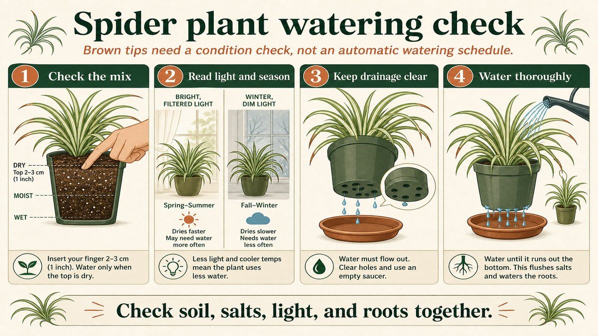 Four numbered spider plant watering checks: feel the mix, compare light and season, keep drainage clear, and water thoroughly