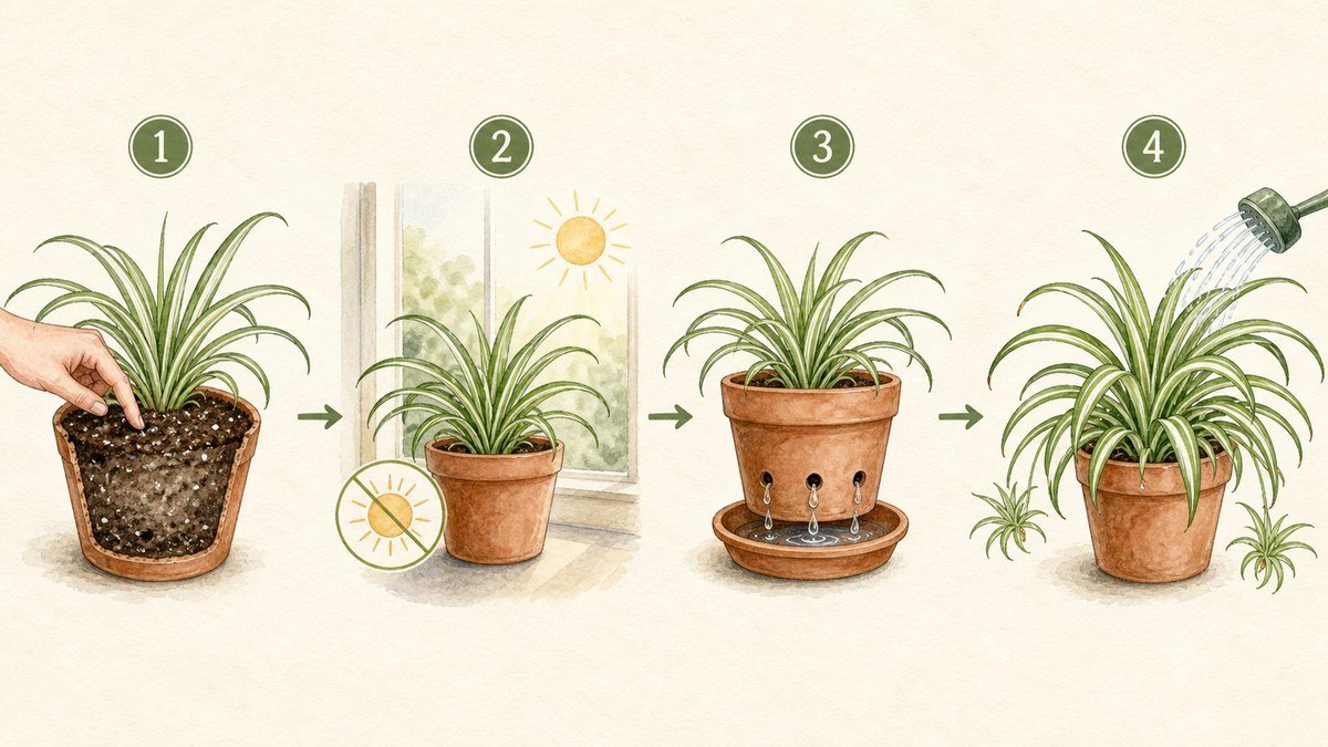 Four illustrated steps for caring for a spider plant's water needs: check the mix, use indirect light, keep drainage clear, and water thoroughly