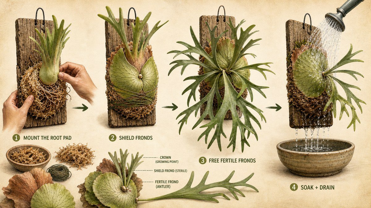 Staghorn fern mounting actions: attach the root pad to a draining mount, recognize shield fronds, leave fertile antler fronds free, and soak then drain the mounted plant