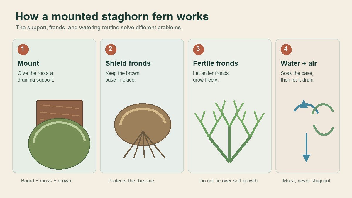 Four-panel explanatory diagram showing a staghorn fern mount, shield fronds, fertile fronds, and soak-and-drain watering