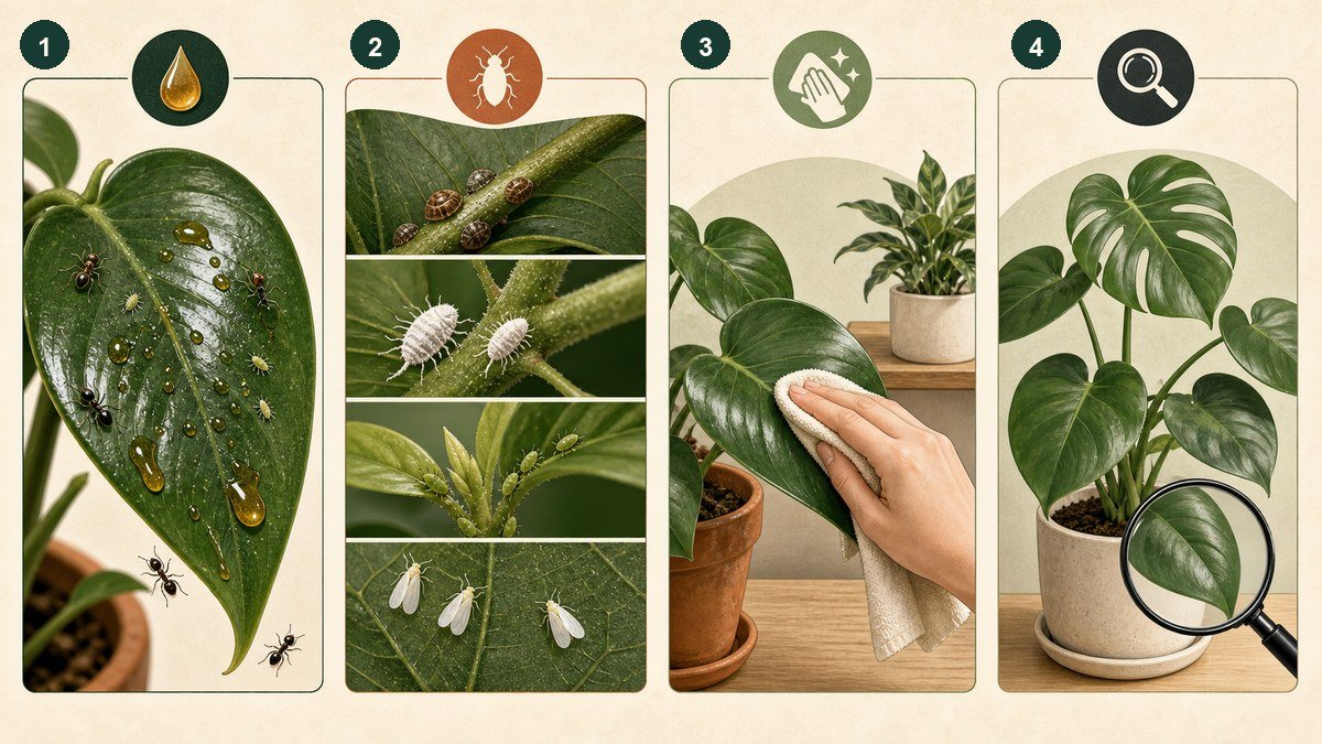 Four-step visual guide for diagnosing sticky houseplant leaves: notice honeydew clues, identify scale mealybugs aphids or whiteflies, clean and isolate the plant, then monitor for a non-pest cause
