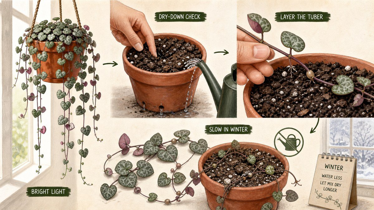 String of hearts care actions: provide bright light, check for a dry-down before watering, layer an aerial tuber against moist soil, and water less often during winter slowdown