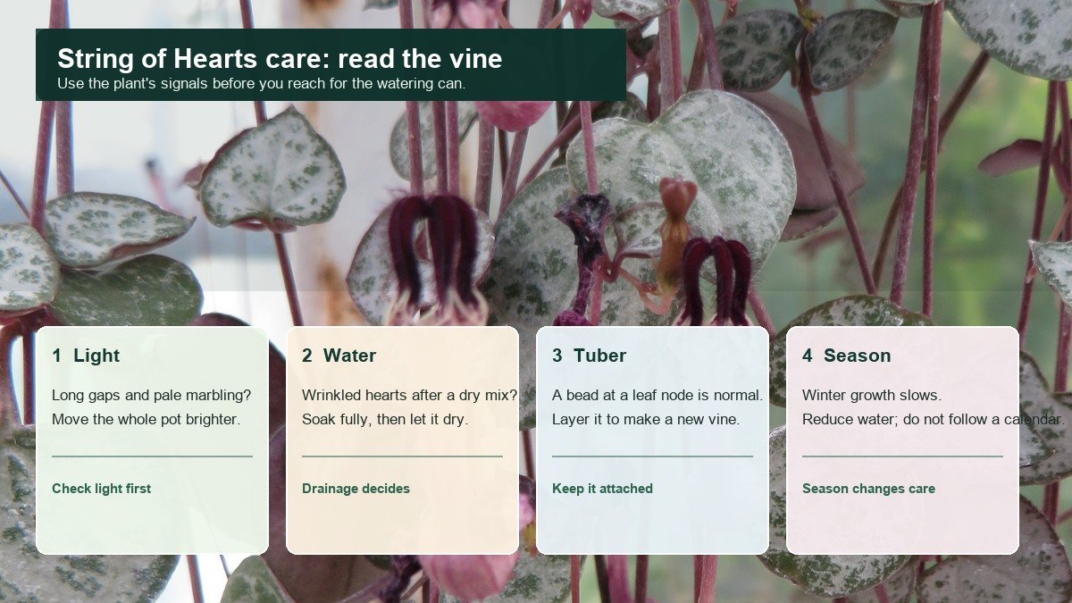Real-photo four-panel string of hearts care diagram showing light gaps, dry-down watering, aerial tuber propagation, and winter watering changes
