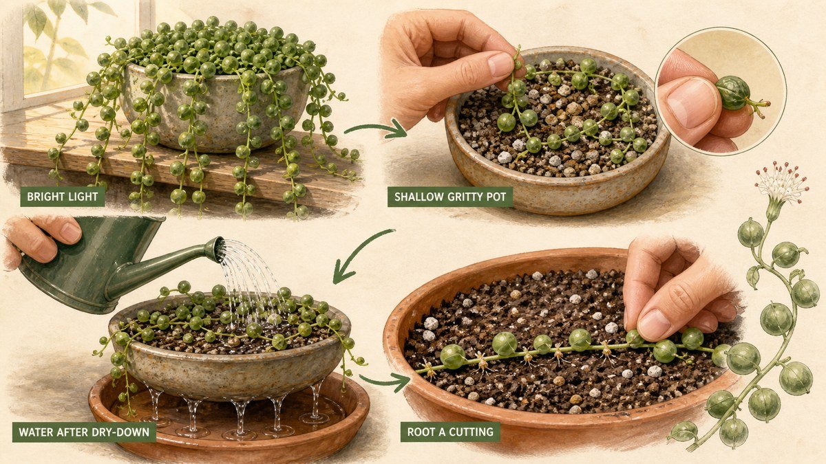 String of pearls care actions: use bright light, choose a shallow gritty draining pot, water after a real dry-down, and root a healthy trailing cutting