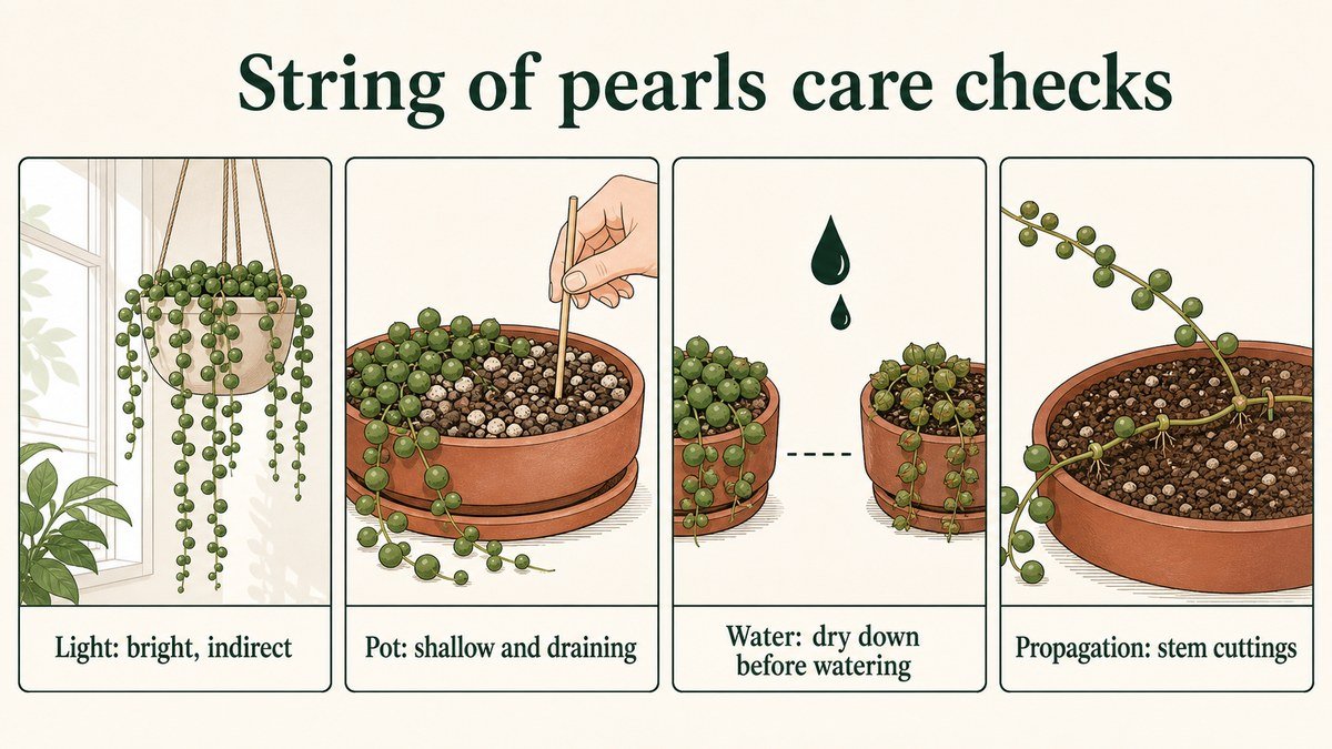 Infographic showing string of pearls checks for bright indirect light, a shallow draining pot, dry-down watering, and stem propagation