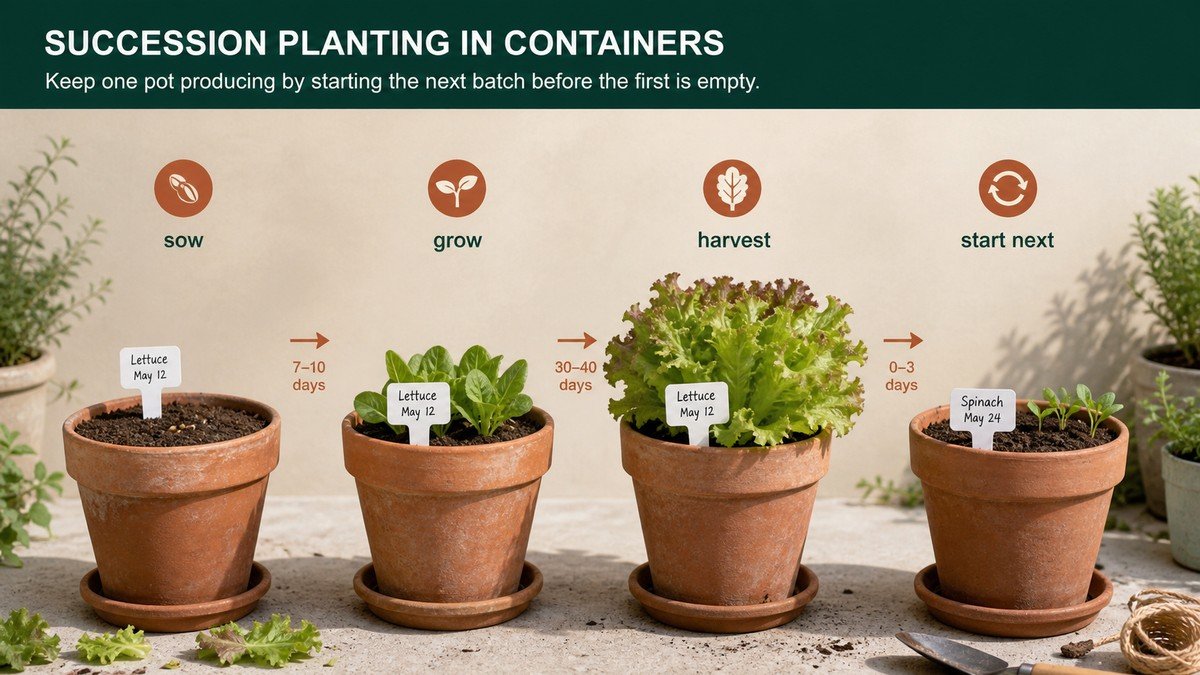 Original plant-action visual showing a container crop being harvested, followed by clearing, sowing, and replanting