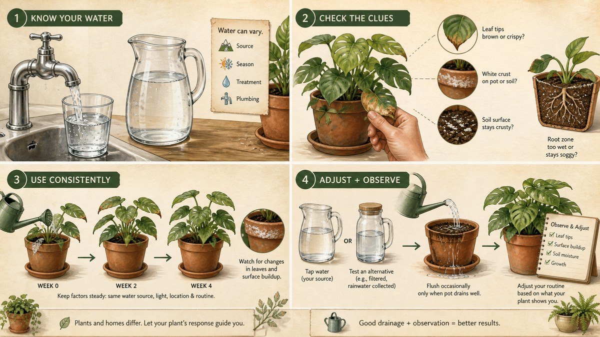 Visual guide to tap water for houseplants: identify the water source, check leaf and soil clues, use a consistent source, then adjust and observe