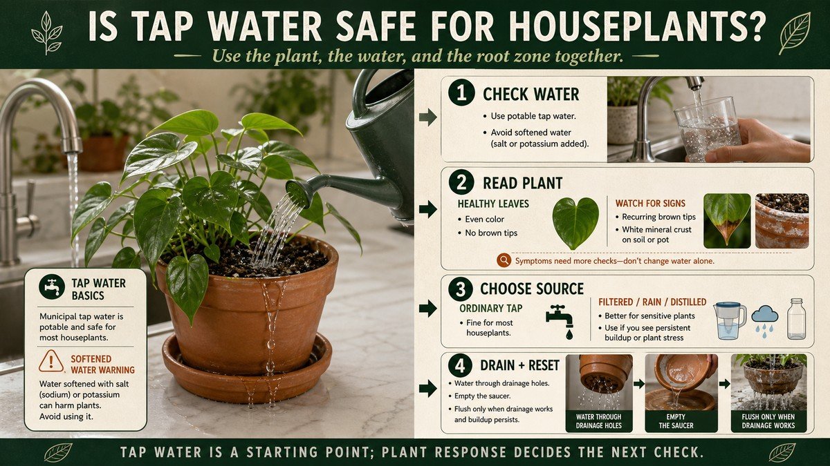 Plant-action decision diagram showing tap-water checks, leaf and mineral symptoms, alternative water choices, and drainage
