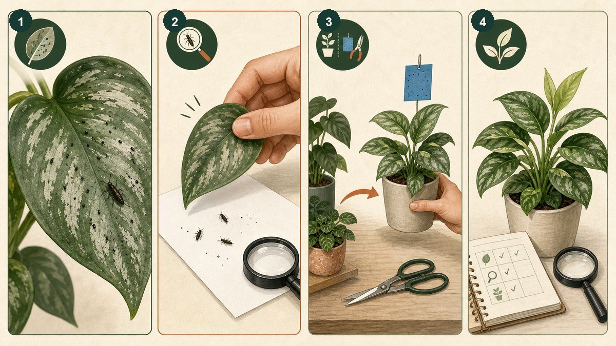 Four-step visual guide for diagnosing and managing thrips on houseplants: notice silver damage and black specks, tap a leaf over white paper, isolate and monitor the plant, then repeat checks for clean new growth