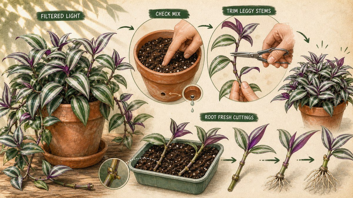 Tradescantia care actions: provide filtered light, check the potting mix before watering, trim leggy stems, and root fresh node cuttings in lightly moist mix