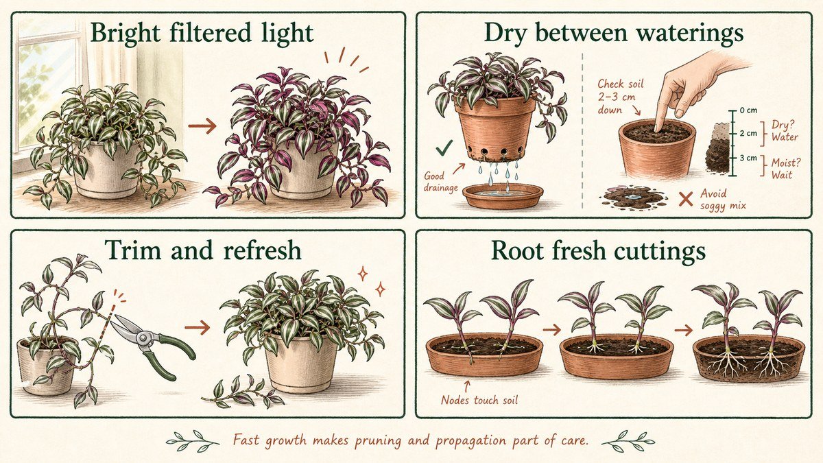 Four Tradescantia care checks: provide bright filtered light, let soil dry between waterings, trim leggy stems, and root healthy fresh cuttings