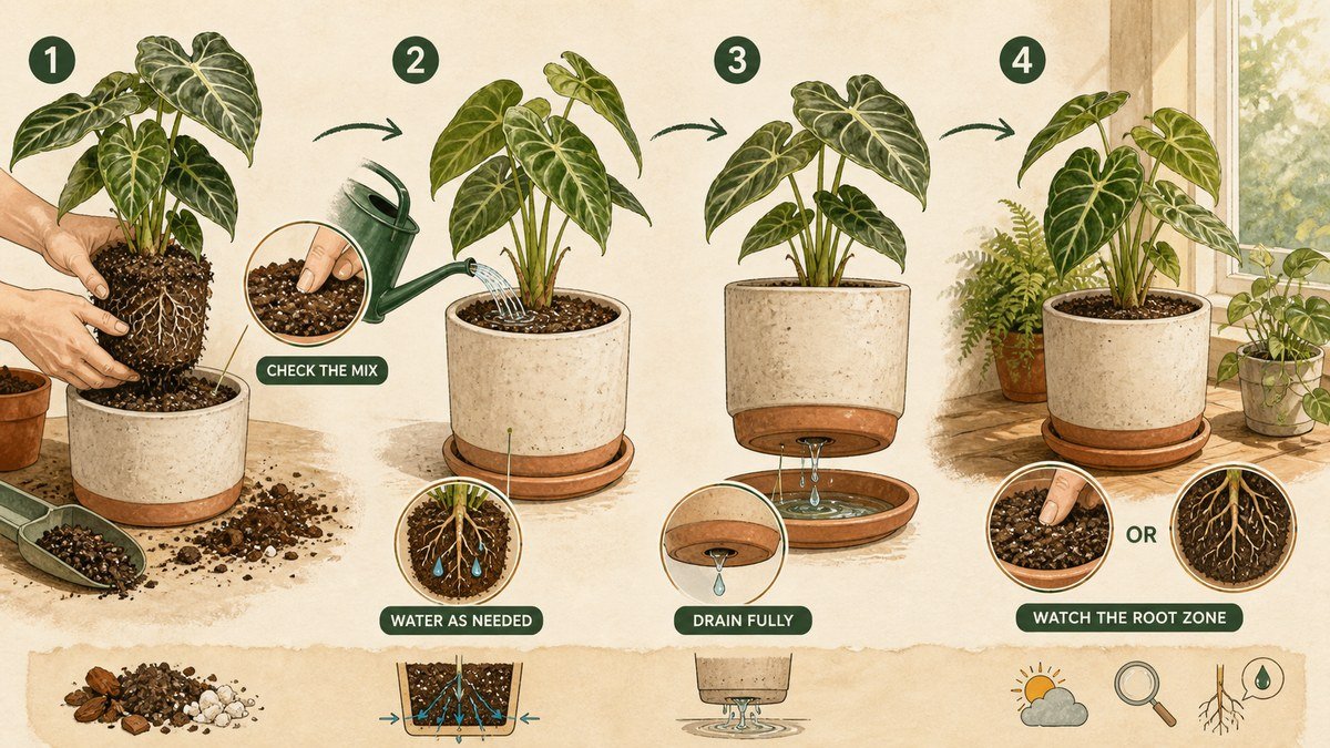 Visual guide to watering a houseplant after repotting: check the mix, water only as needed, let excess drain fully, and watch the root zone