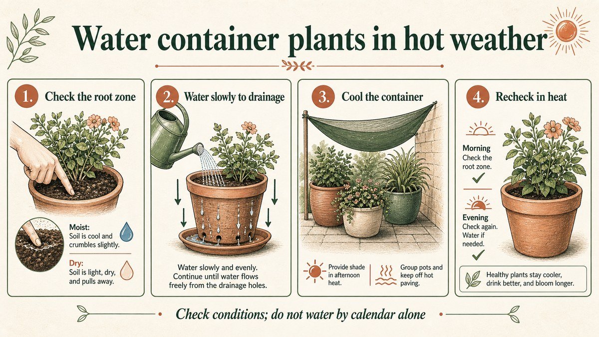 Four-step hot-weather container watering guide: check the root zone, water slowly until excess drains, cool the container, then recheck during heat