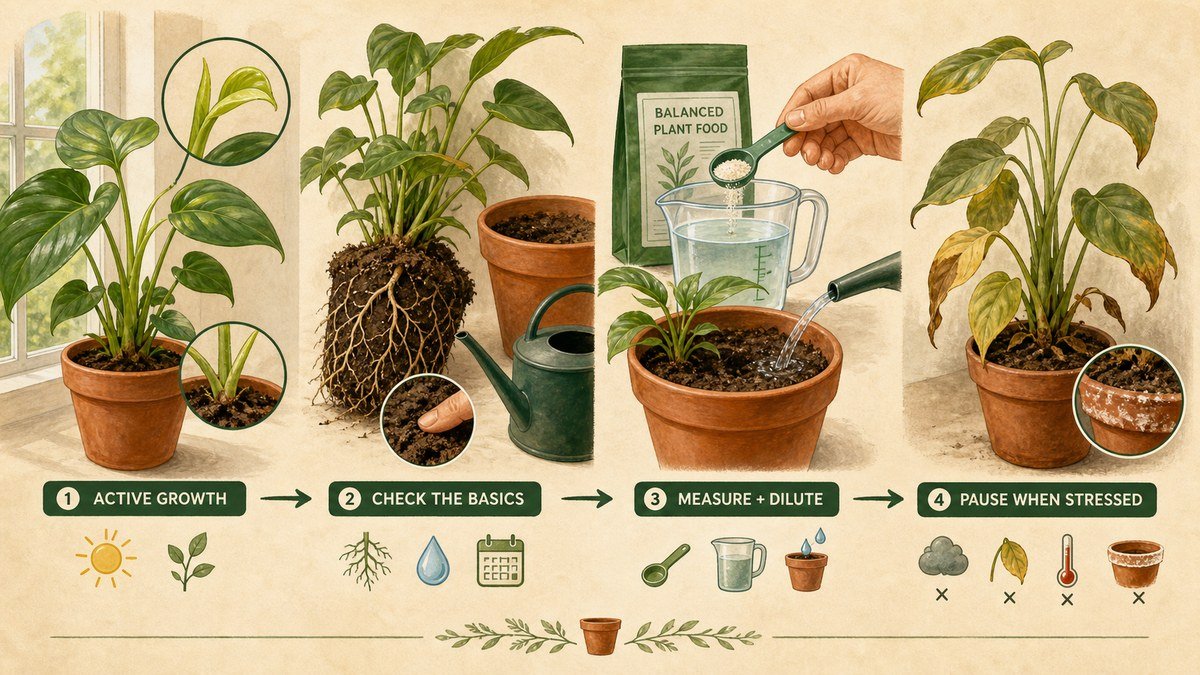 Visual guide to when to fertilize houseplants: check active growth, confirm light and root stability, measure and dilute according to the label, then pause when stressed