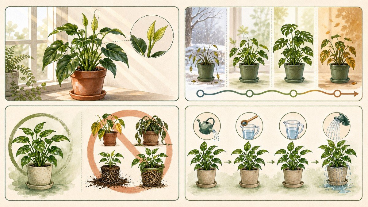 Four-step visual guide to when to fertilize houseplants: look for fresh growth and useful light, follow seasonal growth, pause for stress or recent repotting, and dilute feed carefully before flushing excess salts