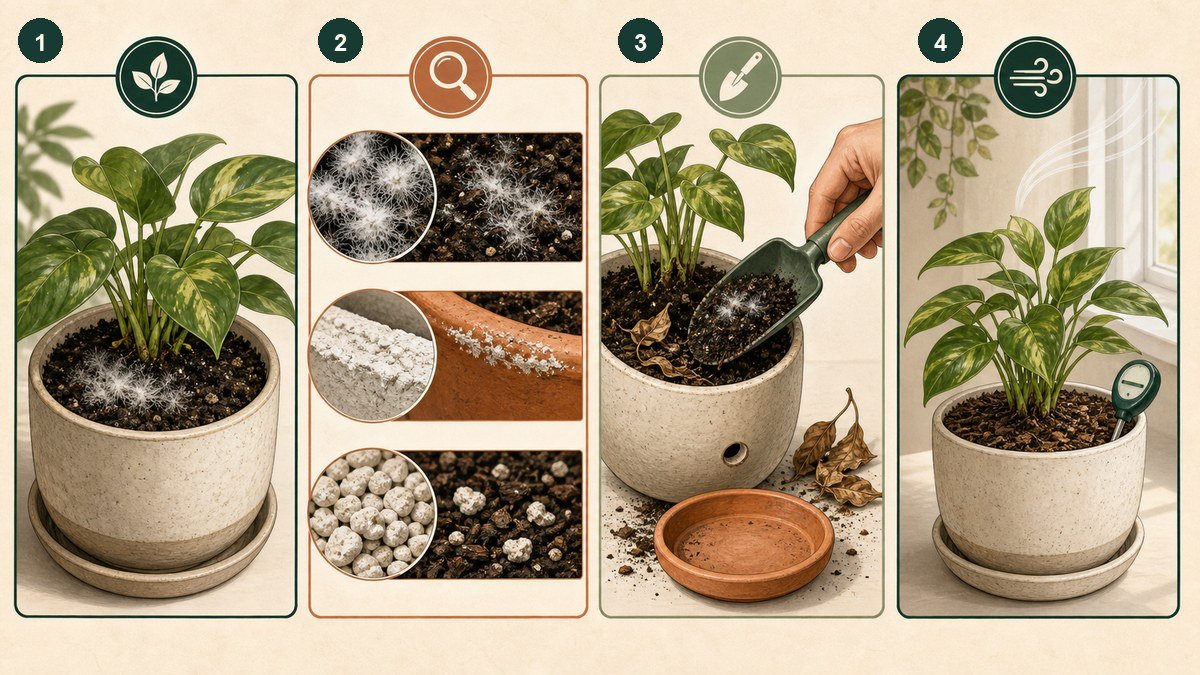 Four-step visual guide for diagnosing white mold on houseplant soil: notice surface growth, distinguish mold from salt crust and perlite, remove the affected layer and improve drainage, then maintain a better drying rhythm