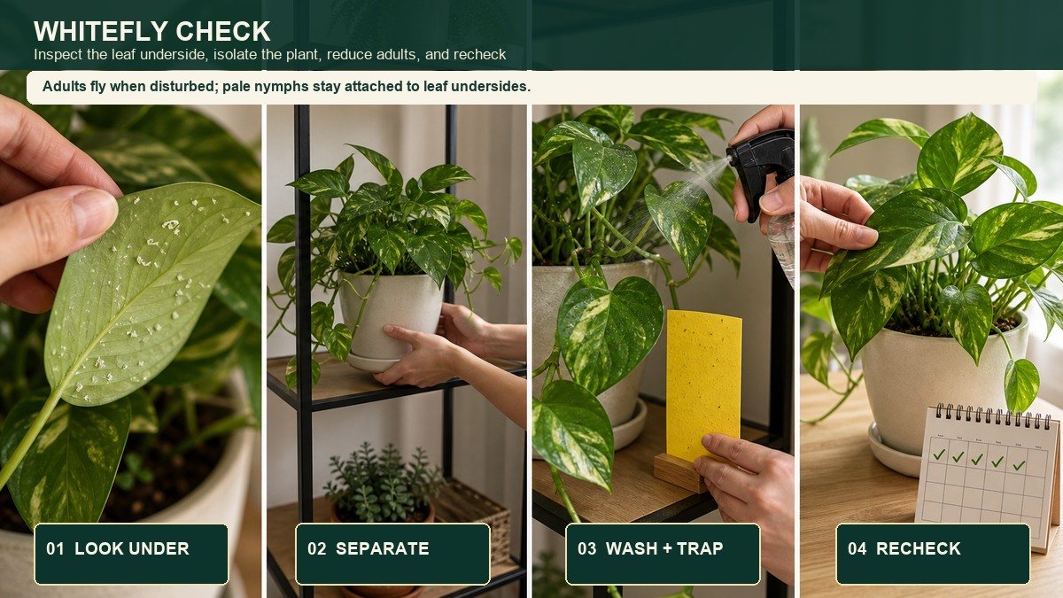 Four-action visual guide for whiteflies on houseplants: inspect under a leaf, separate the plant, wash foliage and place a yellow sticky card, then recheck the plant