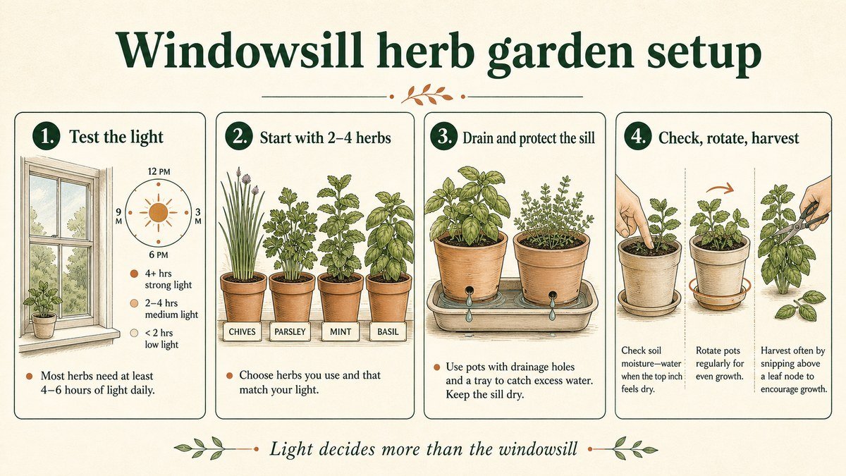 Four-step windowsill herb garden setup: test the light, start with two to four herbs, use draining pots on a tray, then check, rotate, and harvest regularly