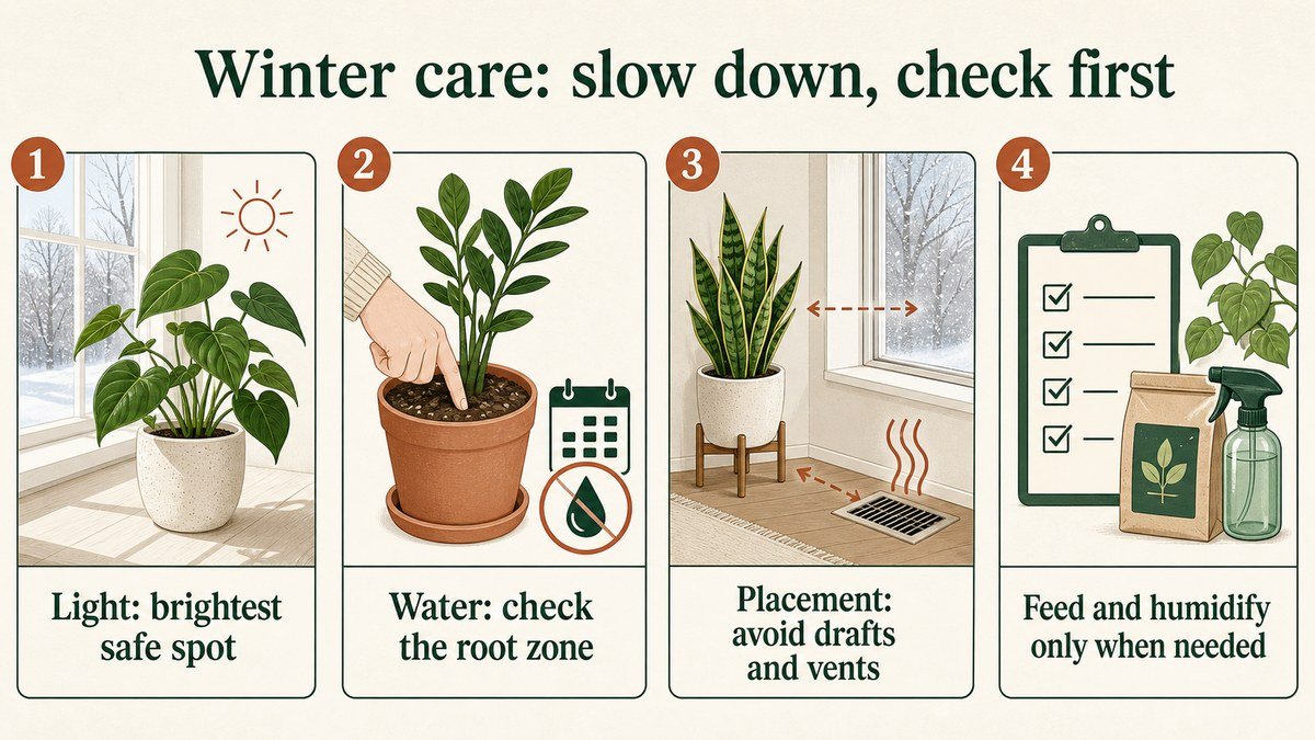 Infographic showing four winter houseplant care checks: light, root-zone moisture, placement, and feeding or humidity
