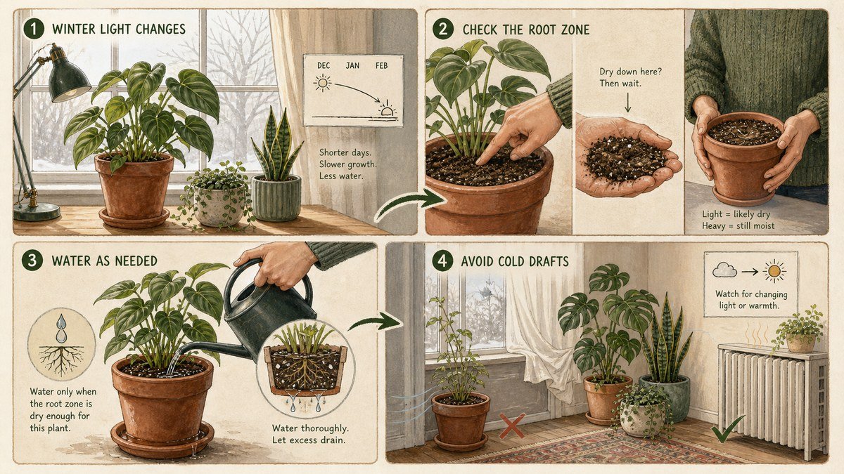 Visual guide to winter houseplant watering: notice shorter light and slower growth, check the root zone, water as needed, and avoid cold drafts