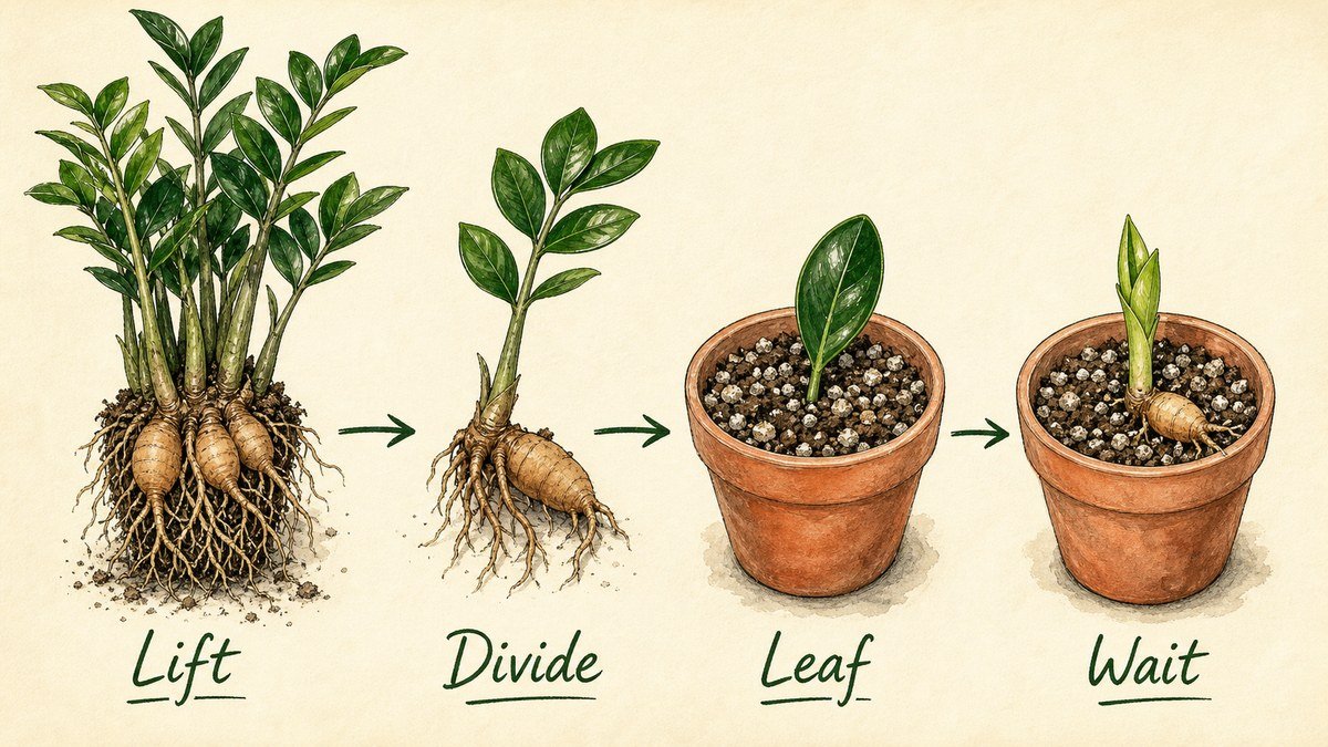 Four illustrated ZZ plant propagation steps: lift the plant, divide a rooted rhizome, plant a leaf cutting, and wait for slow new growth
