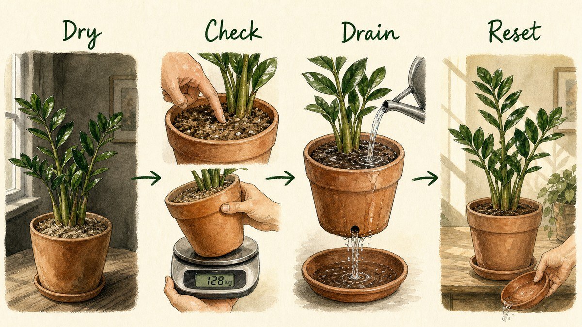 Four illustrated steps for watering a ZZ plant: wait for dry mix, check the pot, water thoroughly until it drains, and empty the saucer
